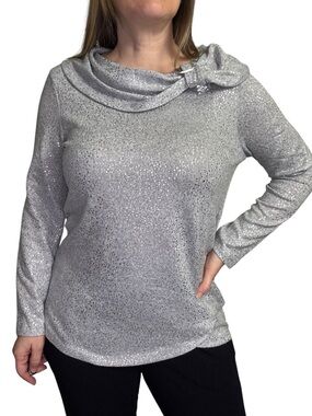 Lily Morgan Silver Sequin Knit Top with Cowl Neck and Rhinestone Embelishment
